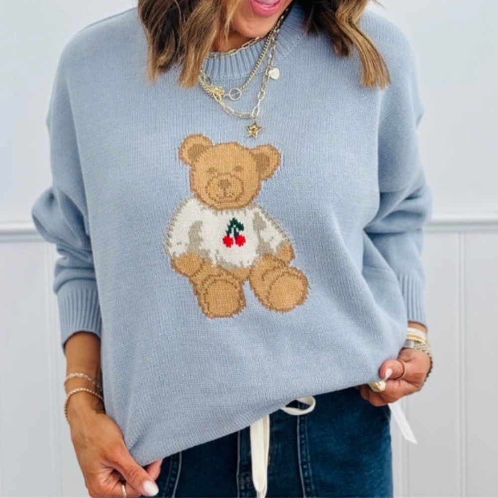 NWT - Le Lis - Light Blue Teddy Bear Sweater - Woman's Size Medium